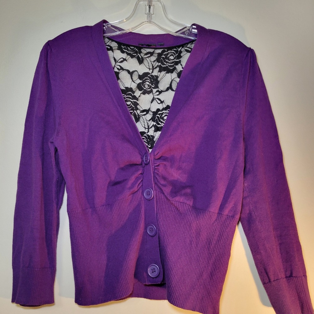 Y2K Dark Purple Cropped Button Down Top Blk Lace Back Milkmaid Whimsigoth Fairy